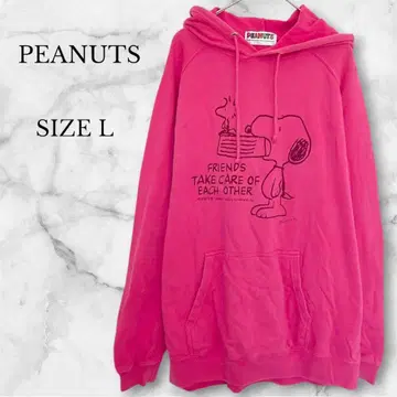 피넛 후드 맨투맨 핑크 스누피 프린트 속기모 빈티지