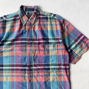 90s 에디 바우어 마드라스 체크 버튼 다운 반팔 셔츠 올드