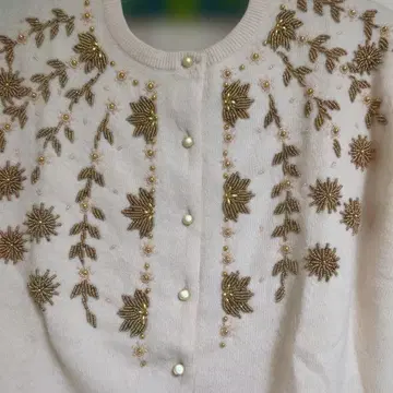 쇼와 레트로 연한 핑크 베이지 비즈 자수 긴팔 가디건 L 사이즈