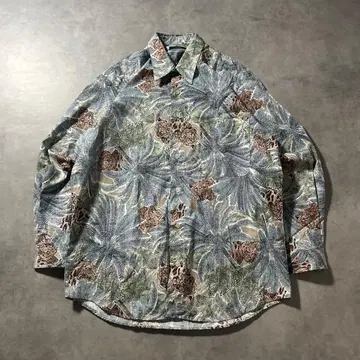 빈티지 블루 올 패턴 하와이안 꽃무늬 긴팔 플라워 디자인 셔츠