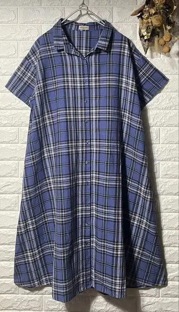Samansa Mos2 반팔 셔츠 원피스 블루 계열 체크