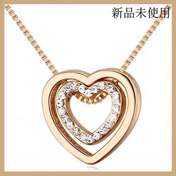 [ 미사용 새상품 ] 더블 하트 펜던트 목걸이 골드 큐빅