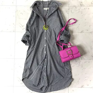 새상품급 비밍 바이 빔즈 깅엄 체크 롱 셔츠 원피스 블랙 x 화이트