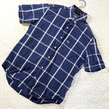 [새상품급] LACOSTE 반팔 셔츠 체크 네이비 악어 로고 M