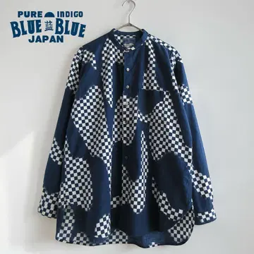 세이린 컴퍼니 블루 블루 인디고 x 체크 패턴 밴드 칼라 셔츠 하리란