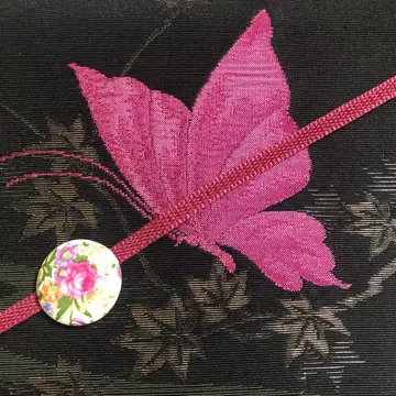 빈티지 순수 실크 고샤 나고야 오비 흑먹색에 마젠타 버터플라이