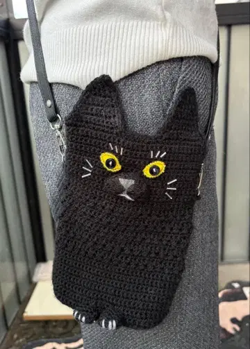 검은 고양이 크로셰 뜨개질 스마트폰 숄더백 핸드메이드