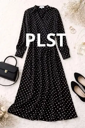 PLST 플라스테 카슈쿨 원피스 도트 무늬 롱 원피스 긴팔