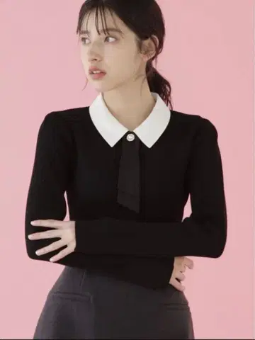 카라 부착 리본 타이 니트탑 블랙 질 질바이