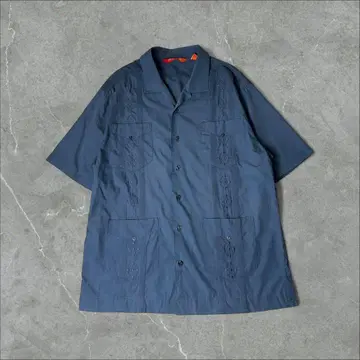 CHISPA 꽃 자수 오픈 카라 셔츠 쿠바 셔츠 L 블루 파랑