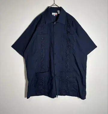 ChicElegant 자수 오픈 카라 셔츠 네이비 쿠바 셔츠