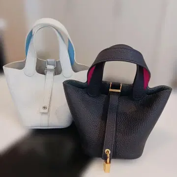 가죽 토트백 화이트 네이비