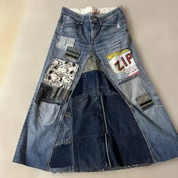 EDWIN 스누피 패턴 패치워크 데님 스커트