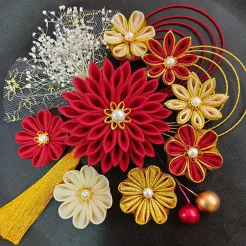 머리 장식 쓰마미자이쿠 성인식 졸업식 결혼식 시치고산 빨간색 베이지 금