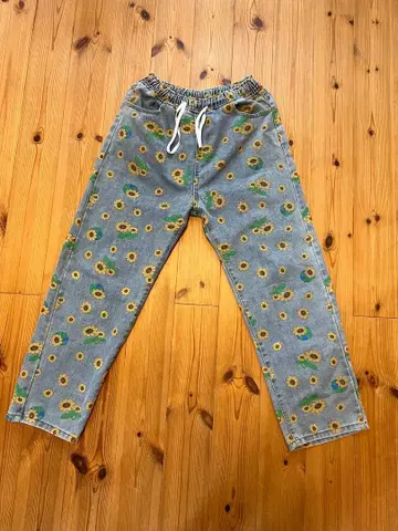 [ 해바라기 올 패턴 ] 데님 이지 팬츠 허리밴딩 끈 포함 구제 의류풍