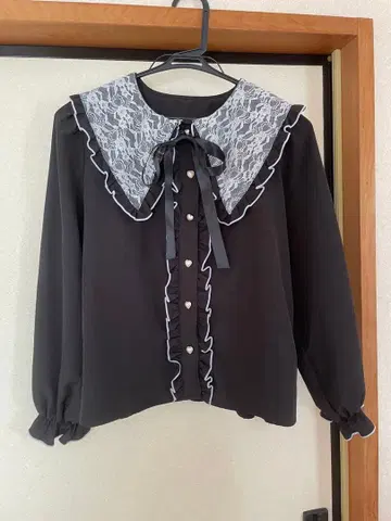 양산형 지뢰계 레이스 카라 부착 블랙 긴팔 블라우스 M 세일러풍