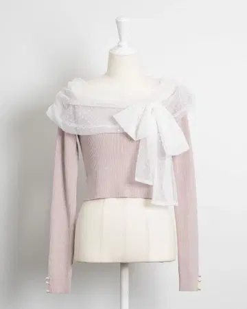 pium 튤 리본 니트 핑크 x 화이트