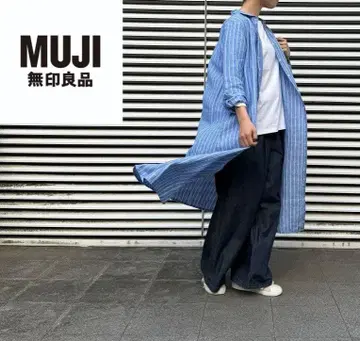 무인양품 린넨 100% 블루 스트라이프 긴팔 셔츠 원피스 리넨 M