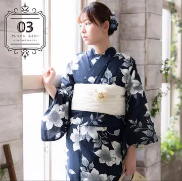 미사용 새상품 교토 기모노마치 유카타 클레마티스 네이비 여성용 꽃무늬 F