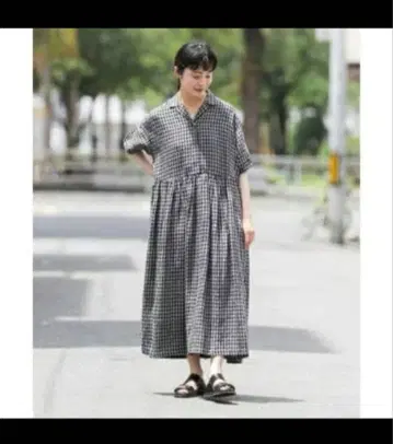 카구레 kagure 오픈 카라 개더 원피스 체크 롱 기장