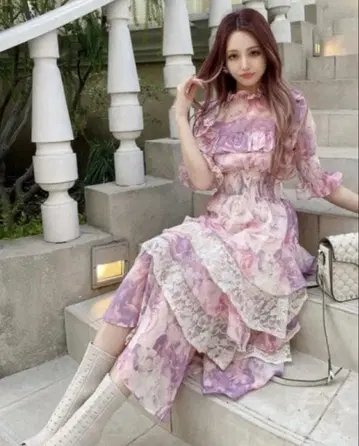 리나 튤 사쿠라이 리나 히메 스타일 프릴 꽃무늬 롱 원피스