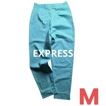 에스프레스 깅엄 체크 테이퍼드 팬츠 슬림 레그 스트레치 블루