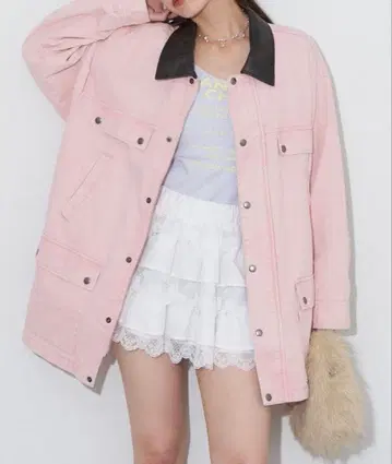 CIAOPANIC 옷깃 가죽 데님 헌팅 자켓 핑크