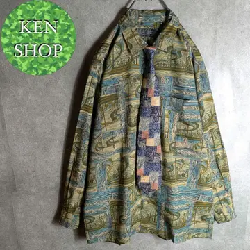 넥타이 셔츠 에메랄드 그린 카키 레트로 디자인 올 패턴 빈티지 구제 의류