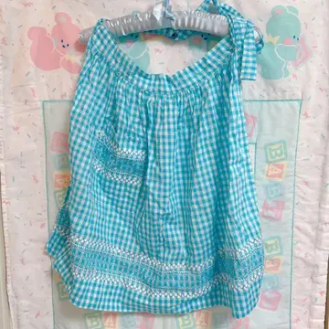 빈티지 깅엄 체크 에이프런 스카이블루 리본 레트로 팬시