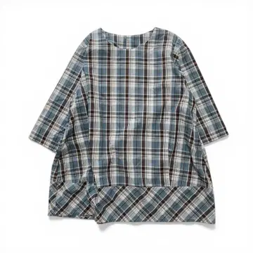 애플 하우스 체크 무늬 오버 블라우스 칠부 소매 튜닉 프리 사이즈