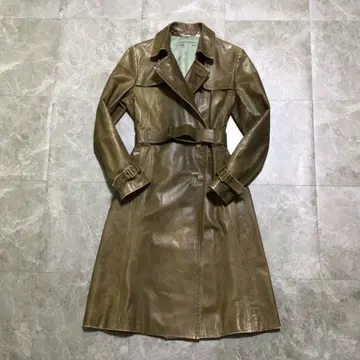 90s vintage 가죽 트렌치코트 롱 카키 천연 가죽 벨트