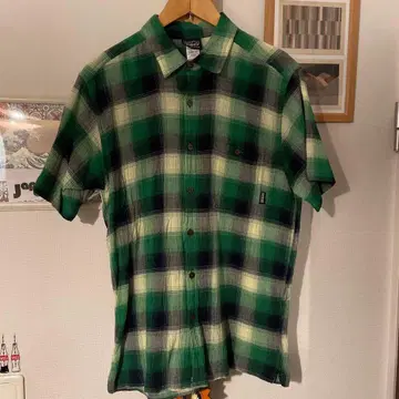 patagonia 반팔 셔츠 M 그린 체크 옴브레 시어서커