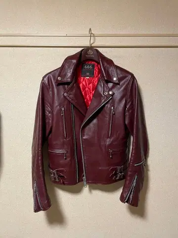 [레어] 666 버건디 빨간색 브라운 더블 라이더 자켓 34 가죽 자켓
