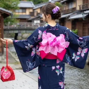 레트로 여성용 유카타 세트 기장 155cm 네이비 나비 반폭 오비 보라색