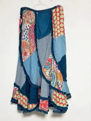 르네 델리 데님 패치워크 프릴 플레어 롱 스커트 M 빈티지