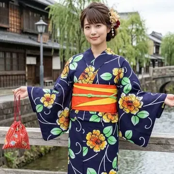 레트로 여성용 유카타 세트 기장 151 네이비 꽃 반폭 오비 오렌지 노랑