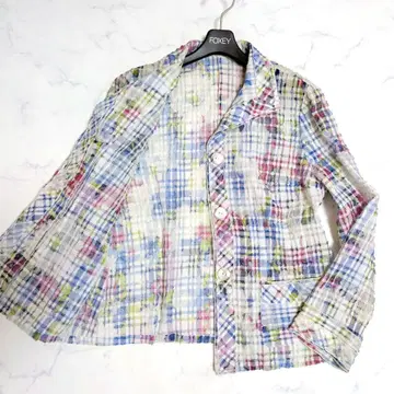 빈티지 셔츠 자켓 린넨 혼방 시어한 느낌 체크 무늬 11AR L