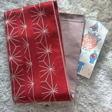 기하학 패턴 반폭 오비 빨간색과 핑크 베이지 유카타 오비