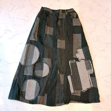 인기 milimili 패치워크 디자인 플레어 데님 롱 스커트