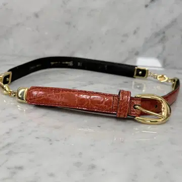 빈티지 이탈리아제 90s 천연 가죽 오렌지 골드 체인 벨트 금