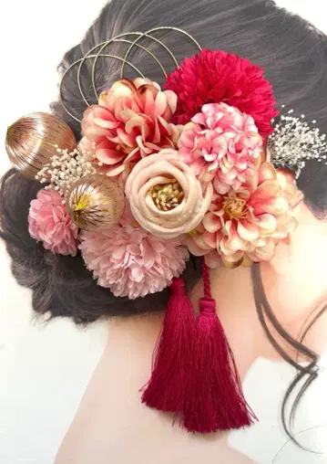 귀여운 성인식 일본 의류 후리소데 시치고산 사전 촬영 머리 장식 세트