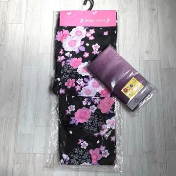 유카타 오비 세트 블랙 베이스 꽃무늬