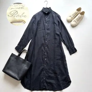 nest Robe 린넨 100% 셔츠 원피스 블랙 스탠드 카라 긴팔