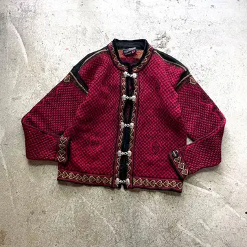 빈티지 노르딕 니트 가디건 빨간색 블랙