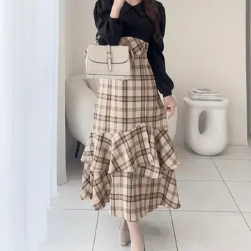 mily bilet 셔츠 옷깃 체크 아지메 프릴 도킹 롱 원피스