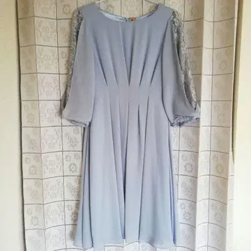 엑시즈팜 레이스 소매 스카이블루 원피스 허리 리본 포함