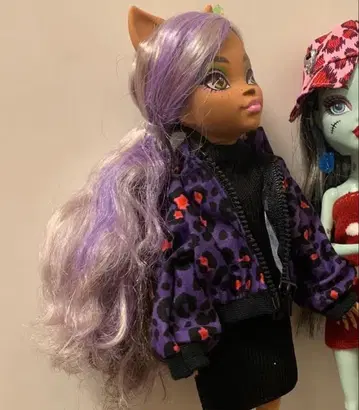 몬스터 하이 보라색 레오파드 무늬 후드 부착 지퍼 후드티