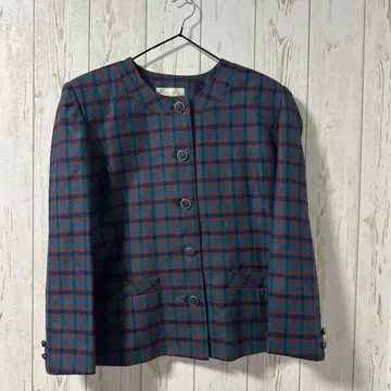 체크 무늬 셋업 노카라 자켓 스커트 레트로 빈티지풍