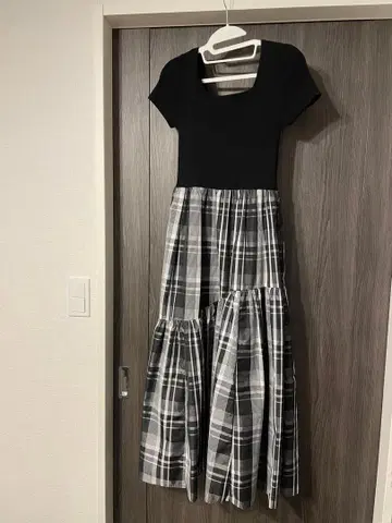 블랙 그레이 체크 무늬 롱 원피스