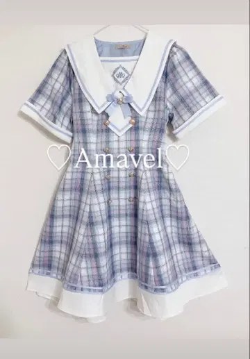 Amavel 아마벨 체크 무늬 세일러 카라 원피스 리본